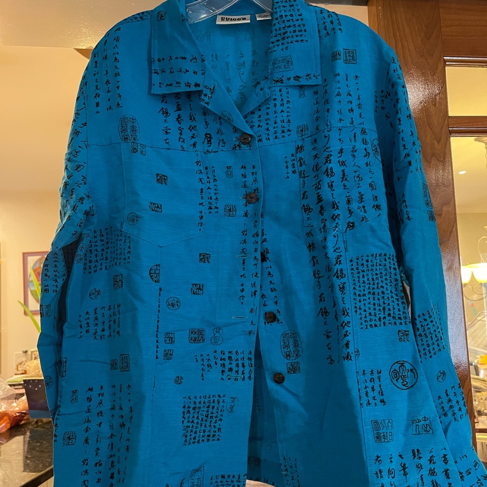 Chico's Turquoise Blue Script-Print Button-Front Jean Jacket - Picture 2 of 7